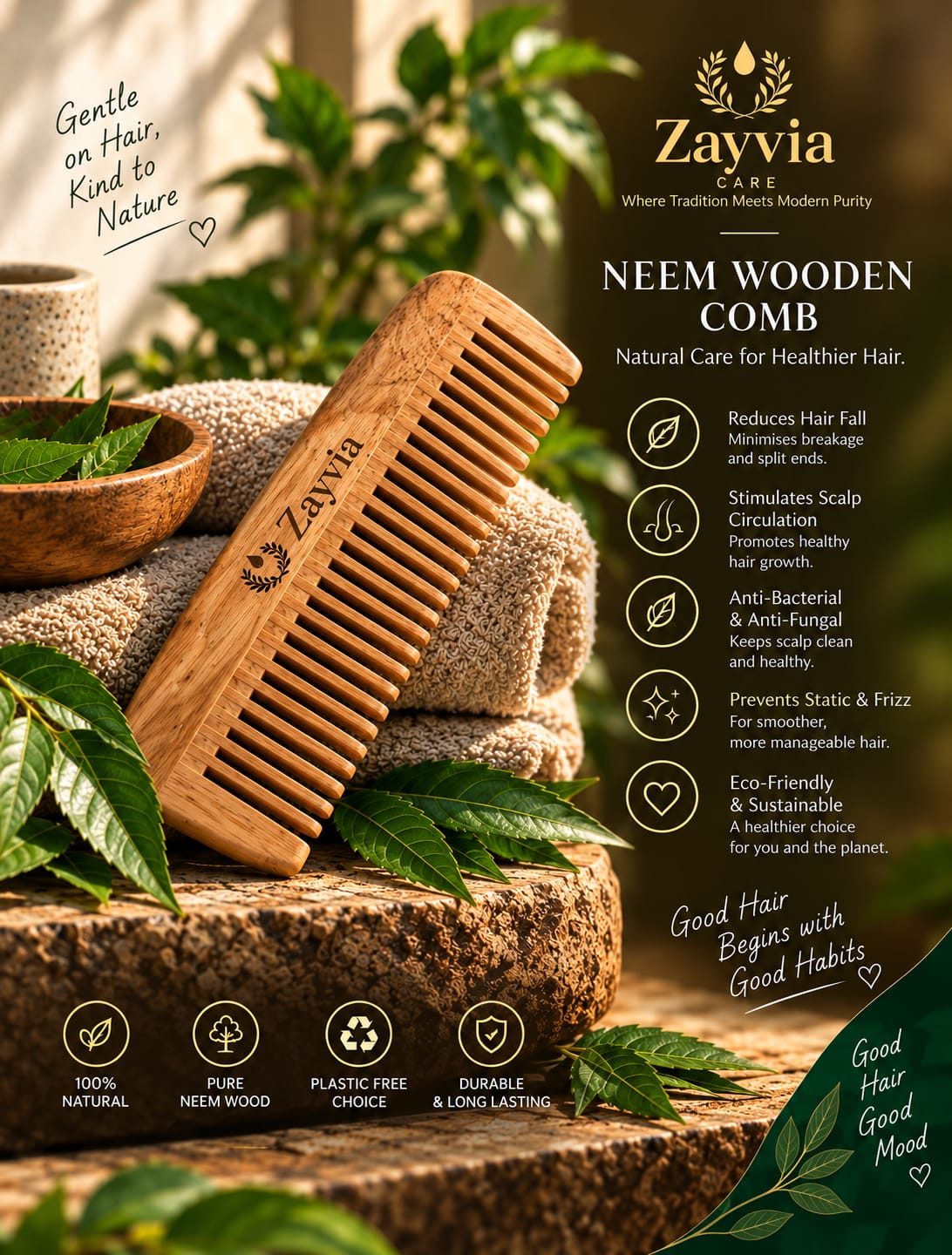 Neem Wooden Comb included in Zayvia Hair Revival Kit